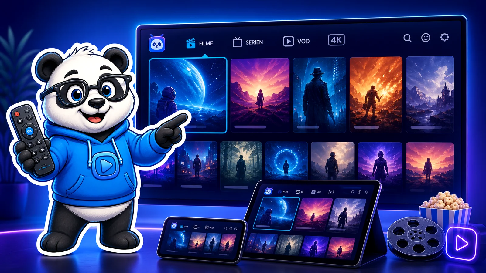 IPandaTV panda in front of a movie and series interface without third-party logos