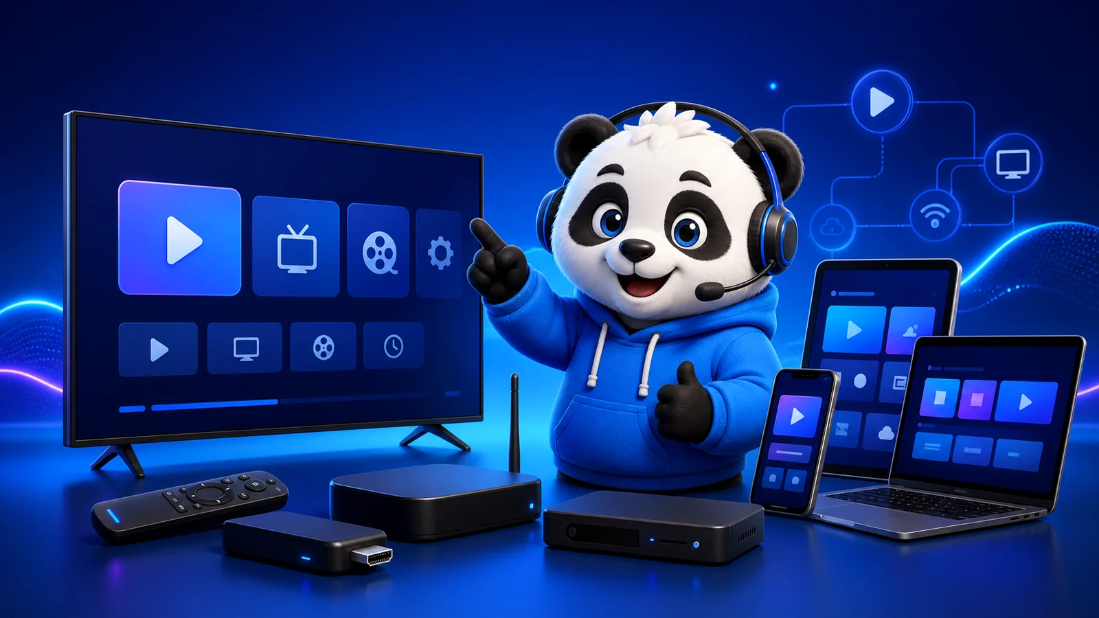 IPandaTV panda with Smart TV Firestick Android and laptop setup