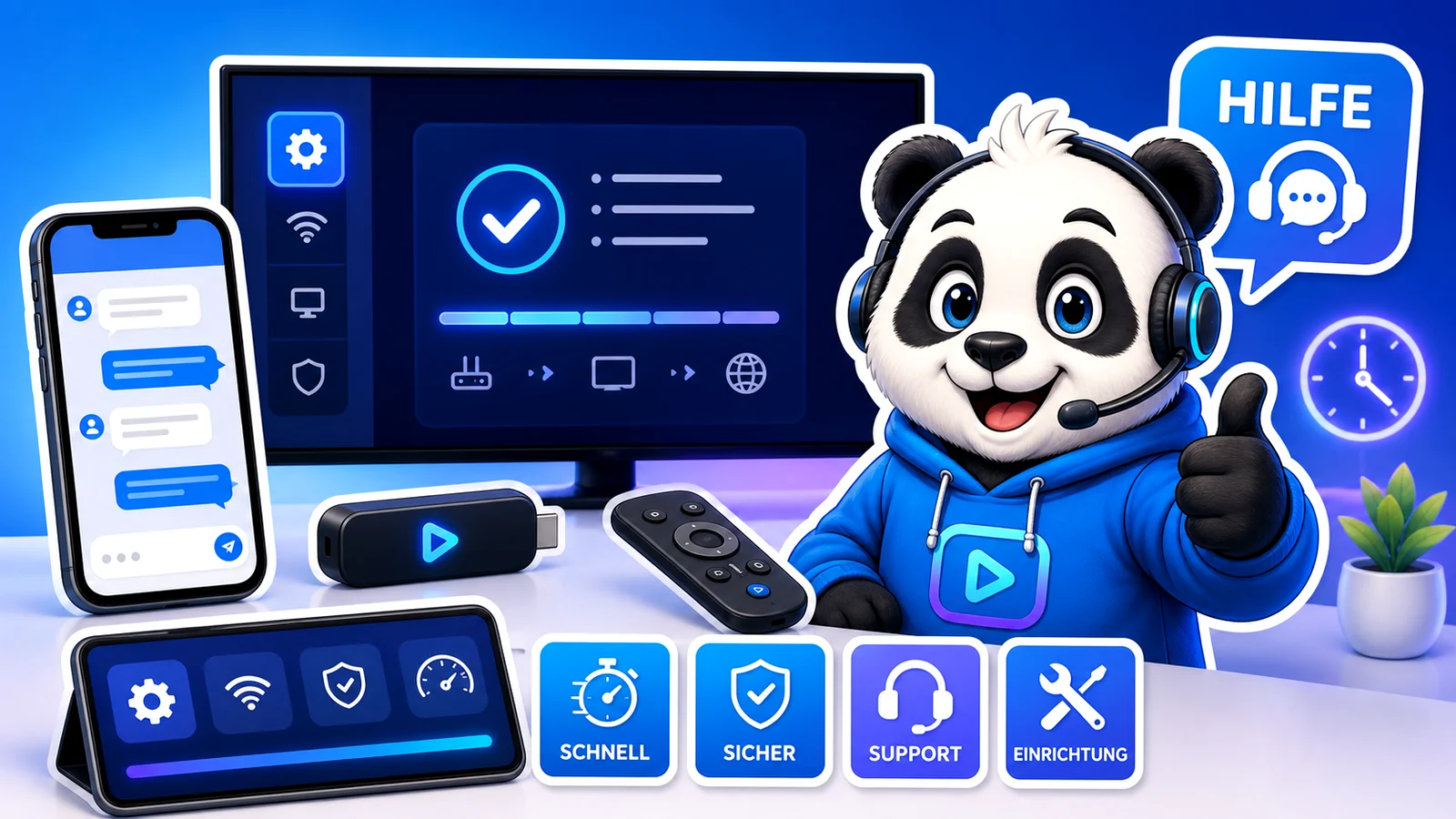 IPandaTV panda with headset, smartphone chat and setup devices